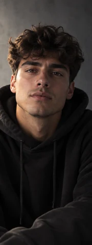 Portrait of a fictional man in a black hoodie — cinematic portrait