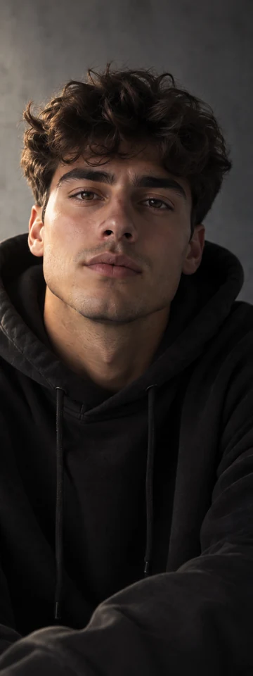 Portrait of a fictional man in a black hoodie — cinematic portrait