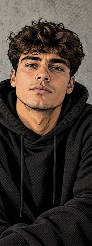 Portrait of a fictional man in a black hoodie — comic panel