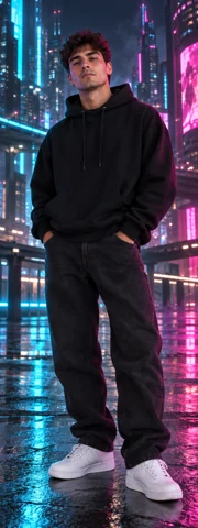Full-length fictional man in a black hoodie — future city