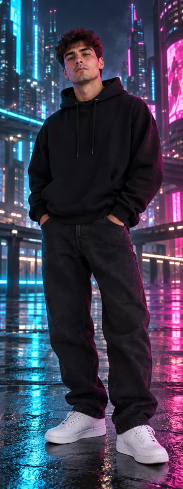 Full-length fictional man in a black hoodie — future city