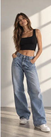 Full-length fictional woman in jeans — fashion editorial