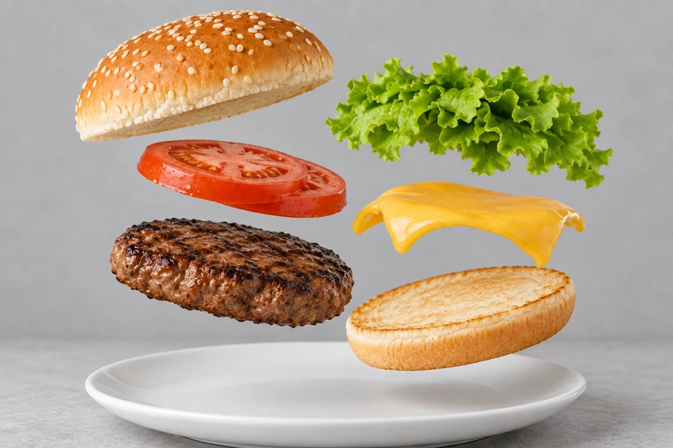 One burger separated into individual floating ingredients