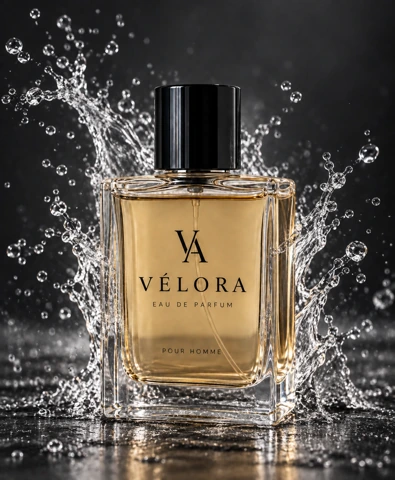 Vélora perfume bottle surrounded by a frozen water splash