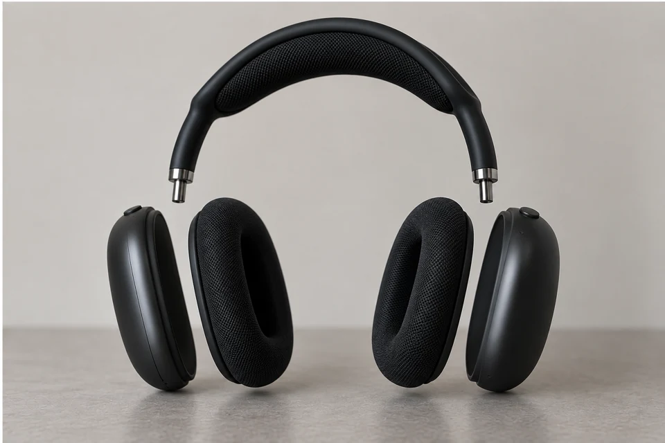 Black over-ear headphones — exploded view