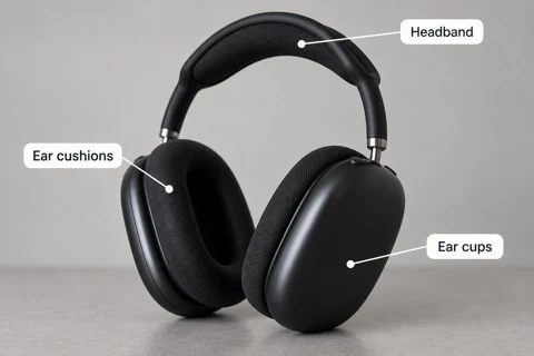 Black over-ear headphones — product features