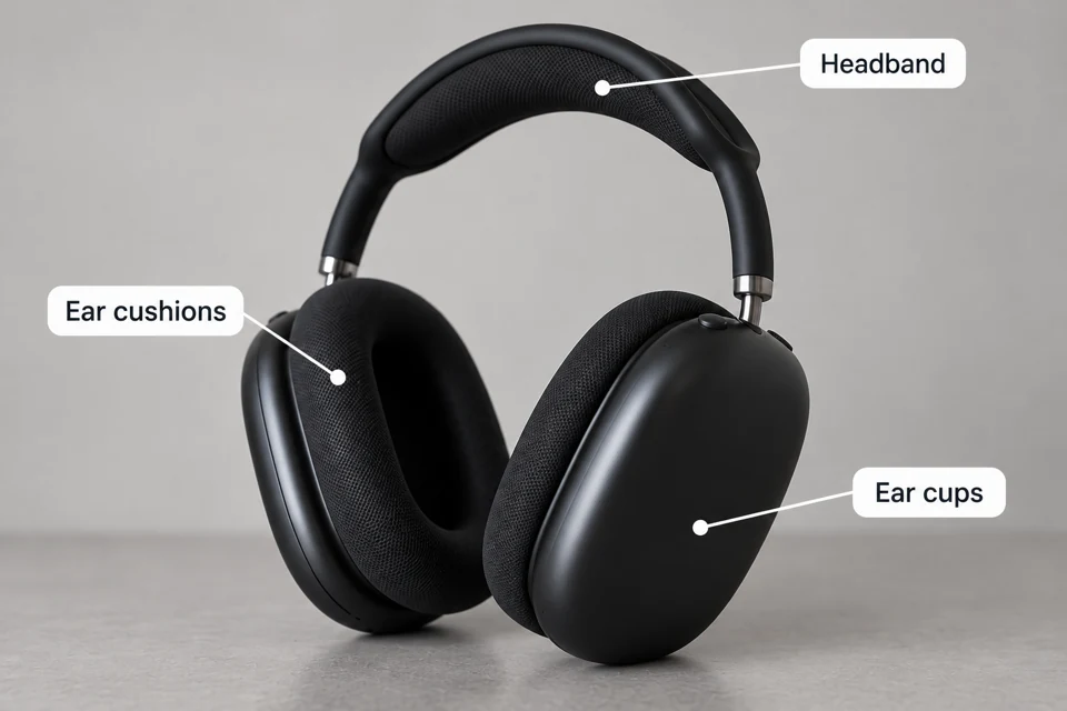 Black over-ear headphones — product features