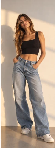 Full-length fictional woman in jeans — golden hour