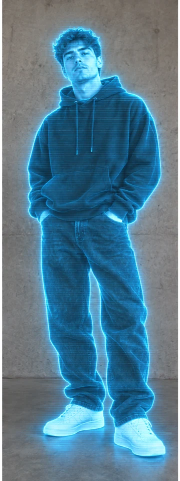 Full-length fictional man in a black hoodie — hologram