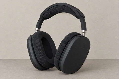 Black over-ear headphones — paper layers