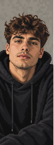 Portrait of a fictional man in a black hoodie — pixel world