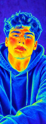 Portrait of a fictional man in a black hoodie — thermal palette