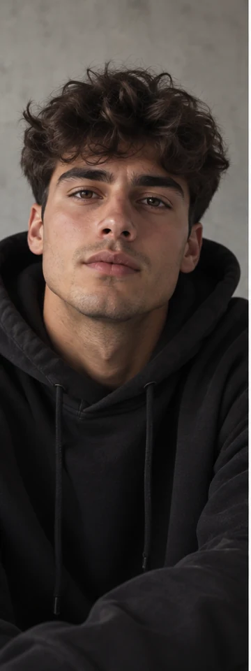 Original portrait of a fictional man in a black hoodie