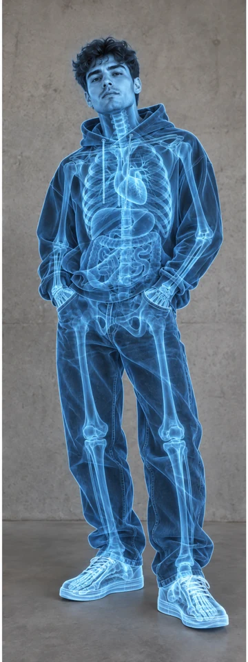 Full-length fictional man in a black hoodie — x-ray illustration