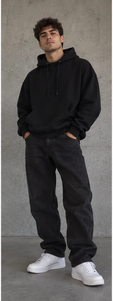 Original full-length fictional man in a black hoodie